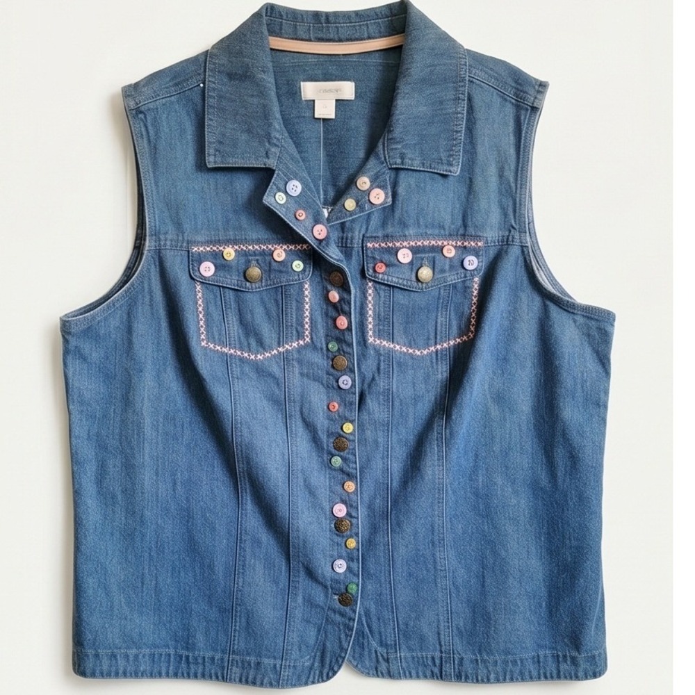 CJ Banks 1X Denim Vest Vintage Blue Button Front Embroidered Sleeveless NWT